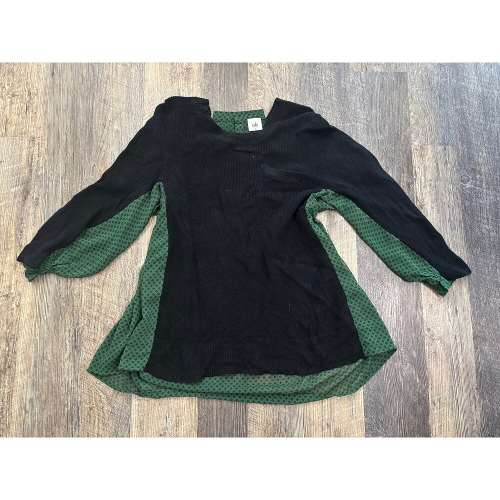Cabi Womens Mixed Media Sweater Tunic Black Green Geometric Print Knit Top M